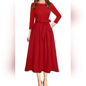 Red 3/4 sleeve Midi dress with pockets